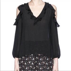 Alice + Olivia Gia Black Ruffle Cold Shoulder Top Sz XS Sheer Romantic Ethereal